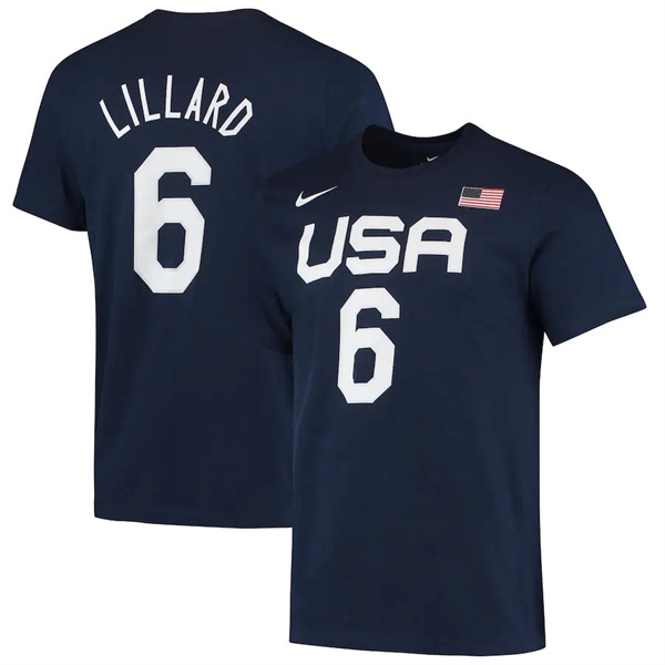 Men's Team USA #6 Damian Lillard Navy T-Shirt(Run Small)